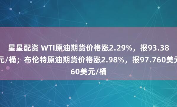 星星配资 WTI原油期货价格涨2.29%，报93.381美元/桶；布伦特原油期货价格涨2.98%，报97.760美元/桶